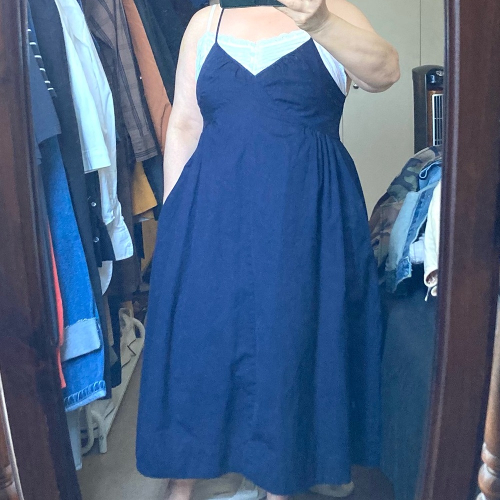 GAP Fit & Flare Combination Midi Dress With Pockets Navy/ Size LP